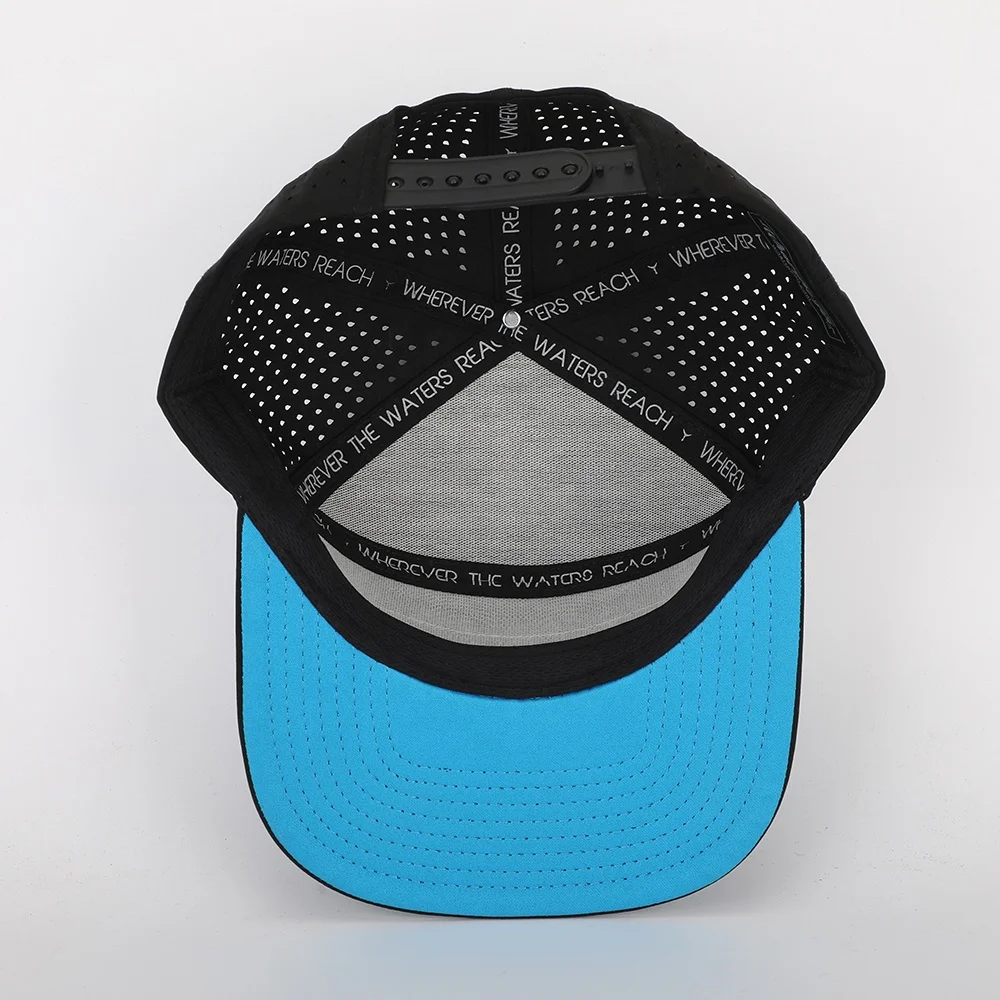 BSCI Oem Custom High Quality 6 Panel Flat Bill PVC Patch Logo Sport Snapback Cap Waterproof Laser Cut Hole Perforated Hat
