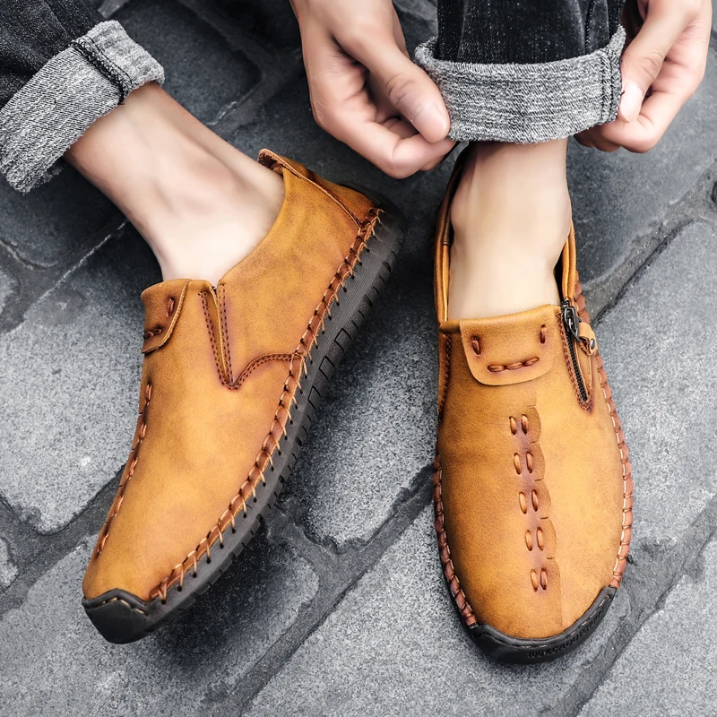 Genuine Leather Men Casual Shoes Business Formal Dress Shoes Fashion British Style Loafers Zipper Design Flats Men Driving Shoes