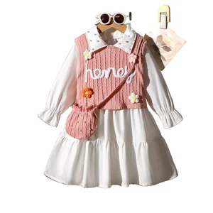 2026 Spring Boutique New Design Children Clothes Sweet Embroidered Vest Bead Doll Collar Long Sleeve Shirt Girls Dresses