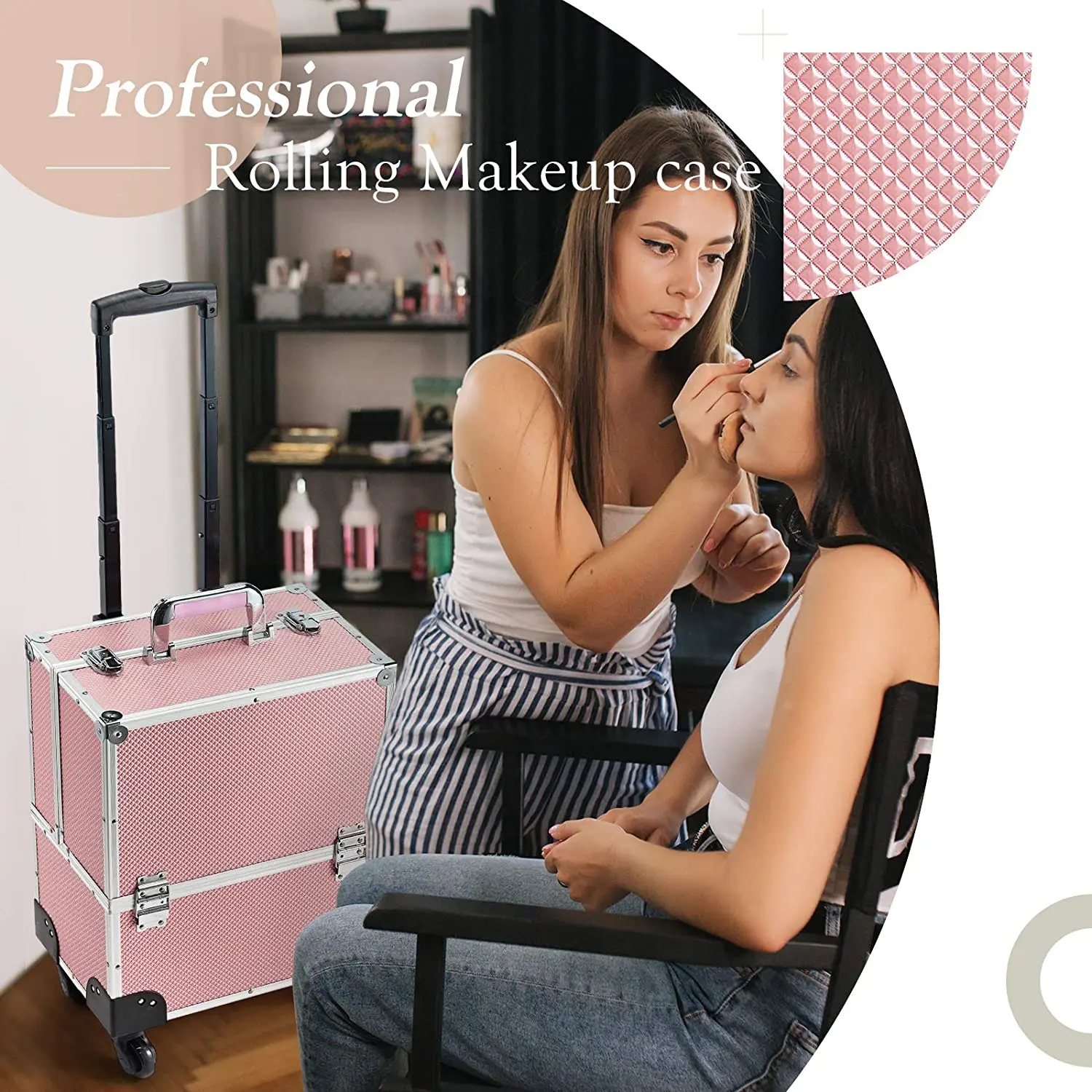 Rolling Makeup Case with Wheels Professional Cosmetology Large Train Case Wheeled Cosmetic Trunk with 8 Divided Trays for Makeup