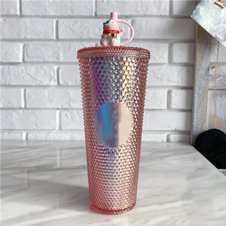 2021 Hot Sale Insulated Water Cups Colorful Double Wall Plastic Cups Reusable Studded Gold Pineapple Tumblers With Lid and Straw
