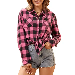 Women's Casual Long Sleeve Flannel Top for Spring Autumn Large Plaid Shirt Front Logo Woven Simple Design for Office Occasions
