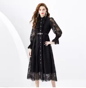 Women's Elegant Custom Maxi Dress Unique Ruffled Peter Pan Collar Breathable Button Hole Long Gown Featuring Solid Natural
