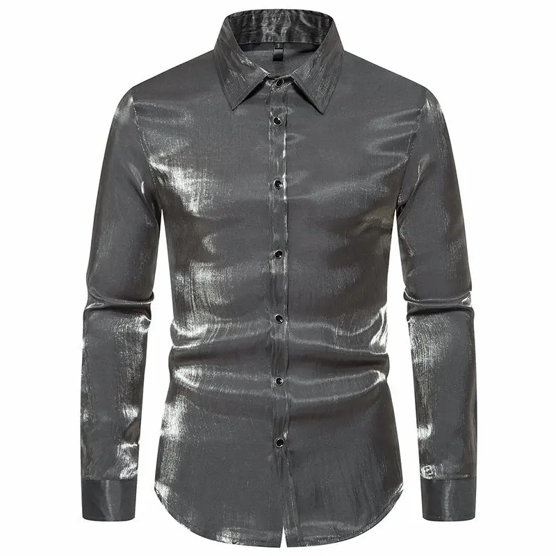 Hemden für Herren, ausgefallenes, langärmliges Hemd, glänzendes Seidensatin, metallisches Button-Down-Hemd, Rave-Disco-Party-Club-Hemd Tops360_voghion.com