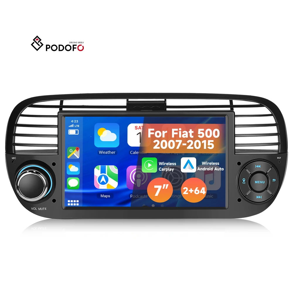 Podofo 7'' for Fiat 500 2007-2015 Android Car Radio Stereo 2+64GB IPS Screen CarPlay/Android Auto GPS WiFi FM/RDS ASP ODM A4180