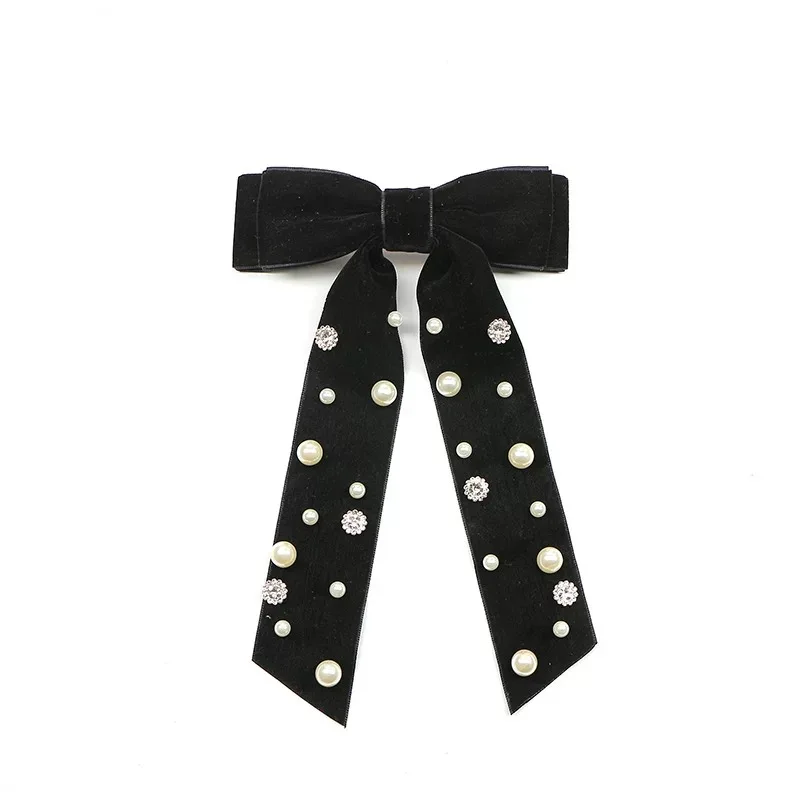 Новинка, зимние винтажные роскошные черные бархатные заколки для волос с большим бантом и кристаллами жемчуга, бархатные аксессуары для волос для женщин