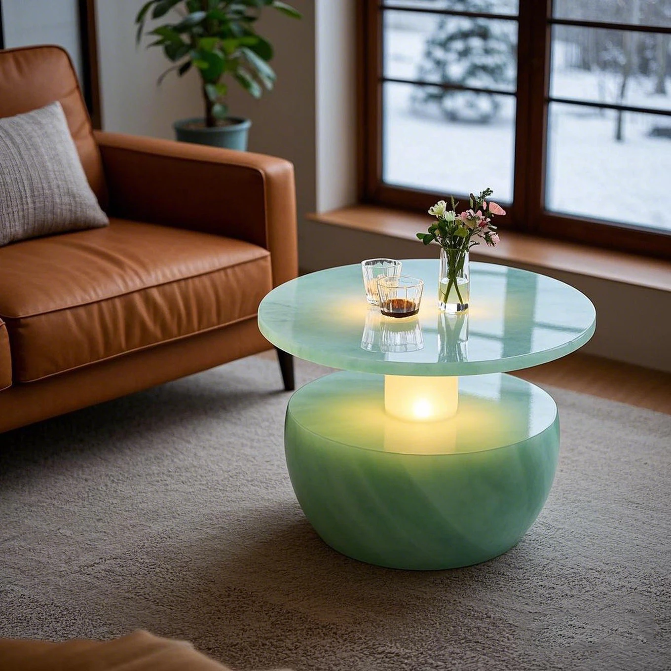 Modern Green Onyx Jade Glowing Marble Coffee Table Translucent Stone for Living Room