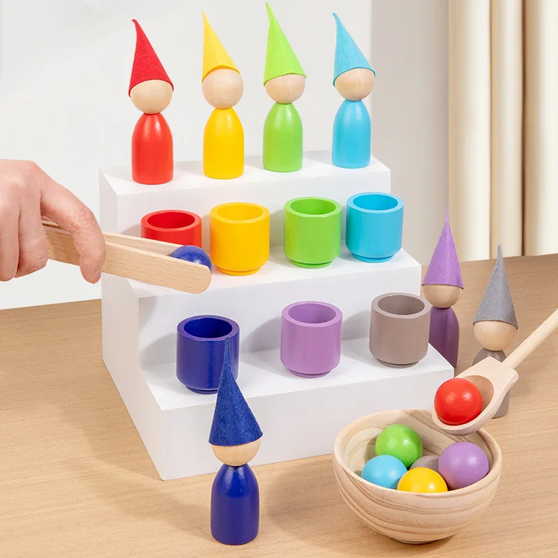 Grote Peg Poppen in Beker met Hoeden Peuter Houten Montessori Speelgoed Spielzeug Holz voor Kinderen Leren Kleuren Sorteren en Tellen