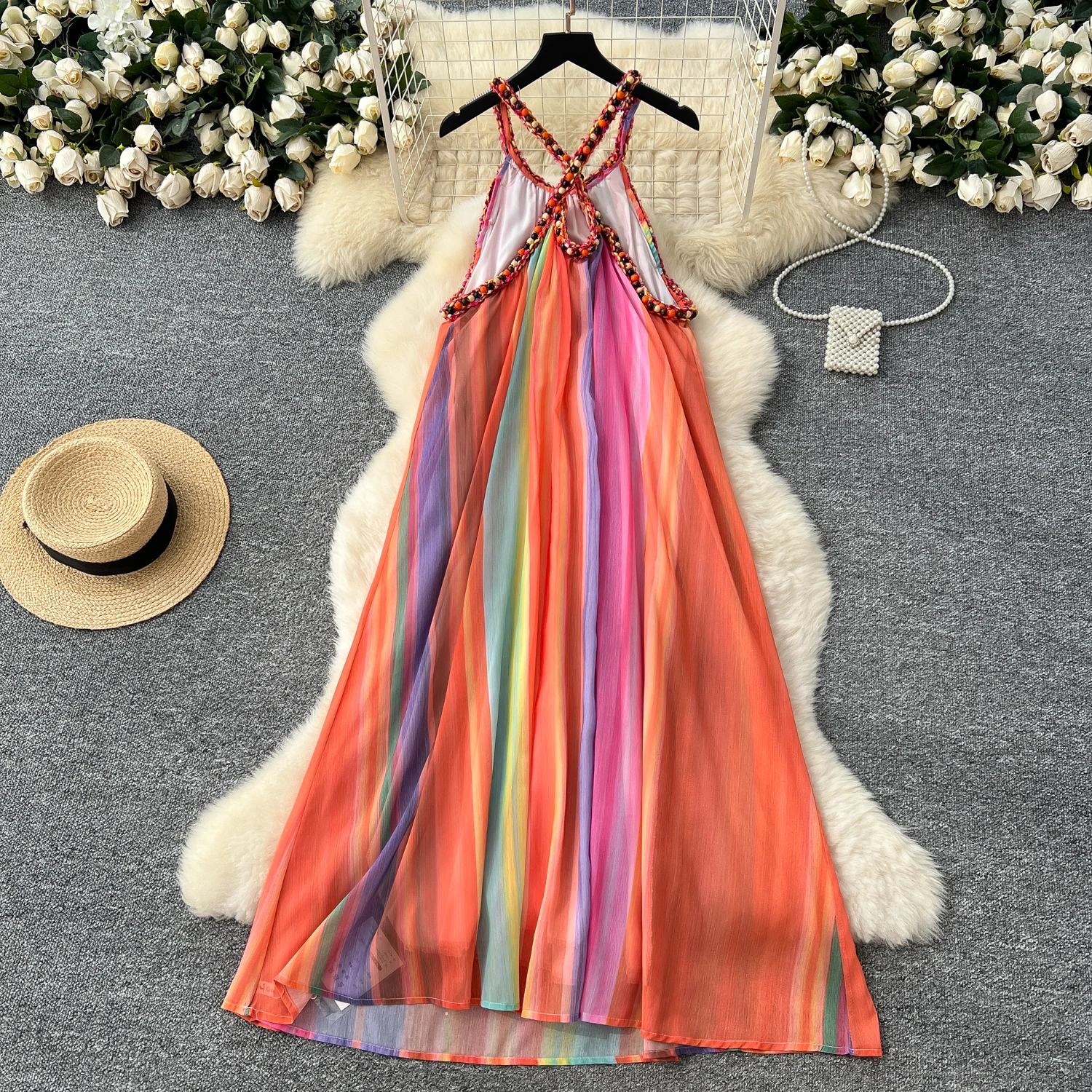 Summer Boho Halter Casual Midi Dress - Empire Fringe Backless Shift Lace  Dress