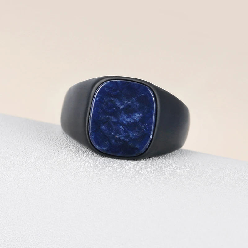 Custom Gemstone 316 Stainless Steel Lapis Lazuli Nature Stone Rings IP Black Jewelry for Women Men Elegant Finger Accessories