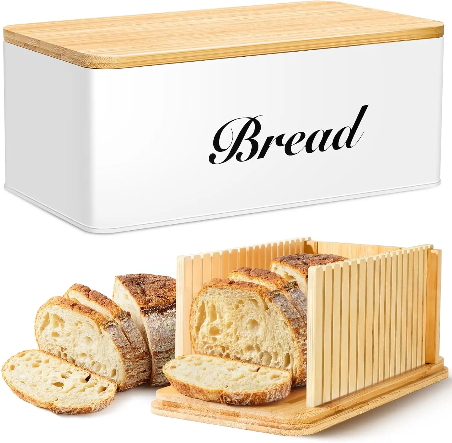 Bread Slicer 3-in-1 Bamboo & Metal Square Loaf Slicer with Lid for Homemade Bread Storage Kitchen Countertop