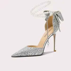 Women's New Pointed Shallow Mouth Sequin Bow High Heels for Summer Outdoor Pearl Single-Layer Stiletto Solid Color Design