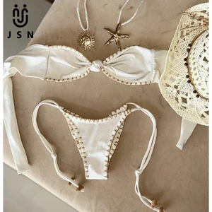 JSN 2026 New Solid Color Two-Piece Swimsuit Sexy Lace Craft Triangle Bag Backless Bikini Bandeau Swimsuit for Women Fashion