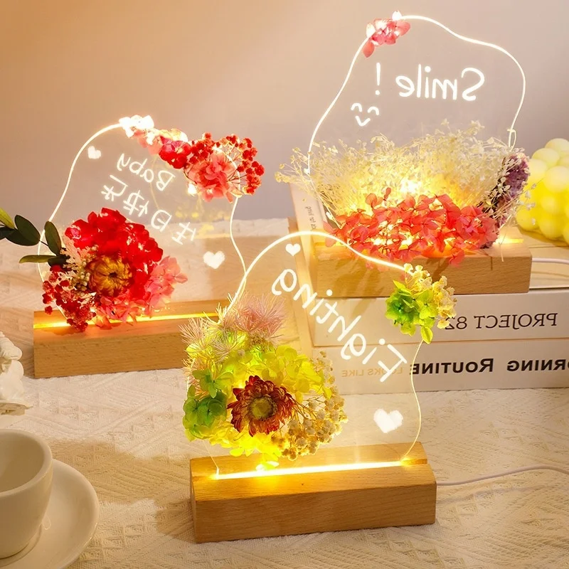 Diy Led Message Board With Flower 3d Night Light Acrylic Writing Board Led Light For Valentine's
