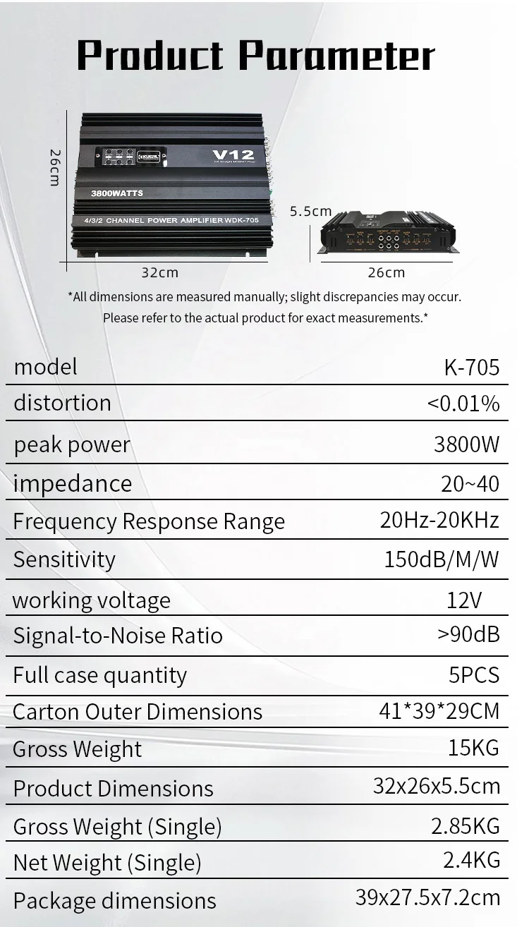 WDK-705 12V 4-Channel Car Audio Amplifier, Max Power 3800W, Class