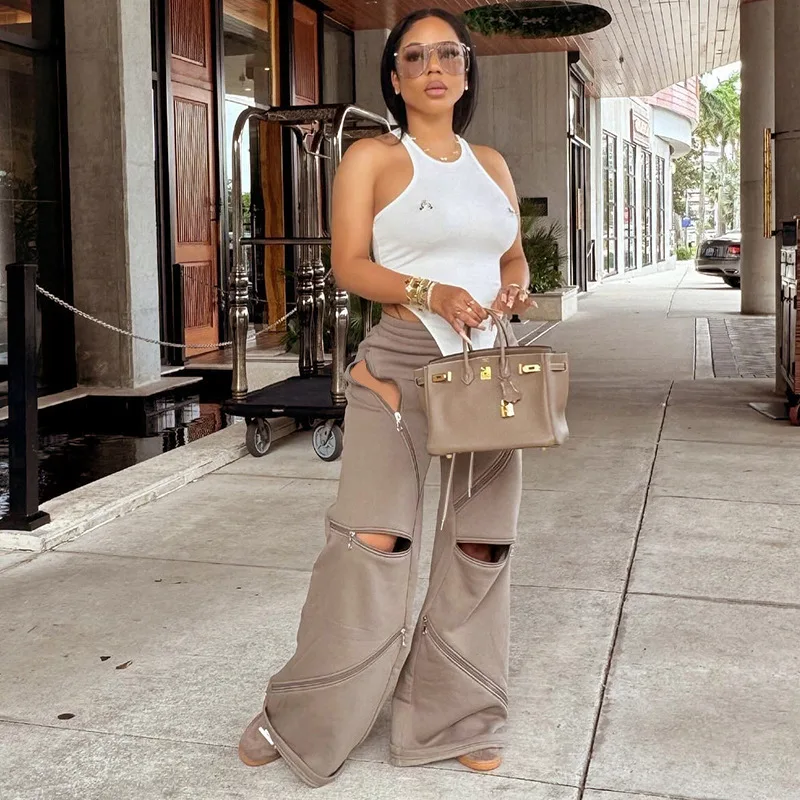 European American Vintage Fashion Casual Multi-zipper Pocket Regular Sports Boot Cut Long Pants