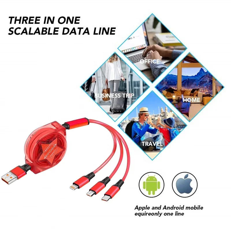 
 Лидер продаж Amazon, быстрая зарядка 2,4 А, 3 в 1, Выдвижной USB-кабель для передачи данных, зарядный кабель для Type-C Micro для android, iPhone  