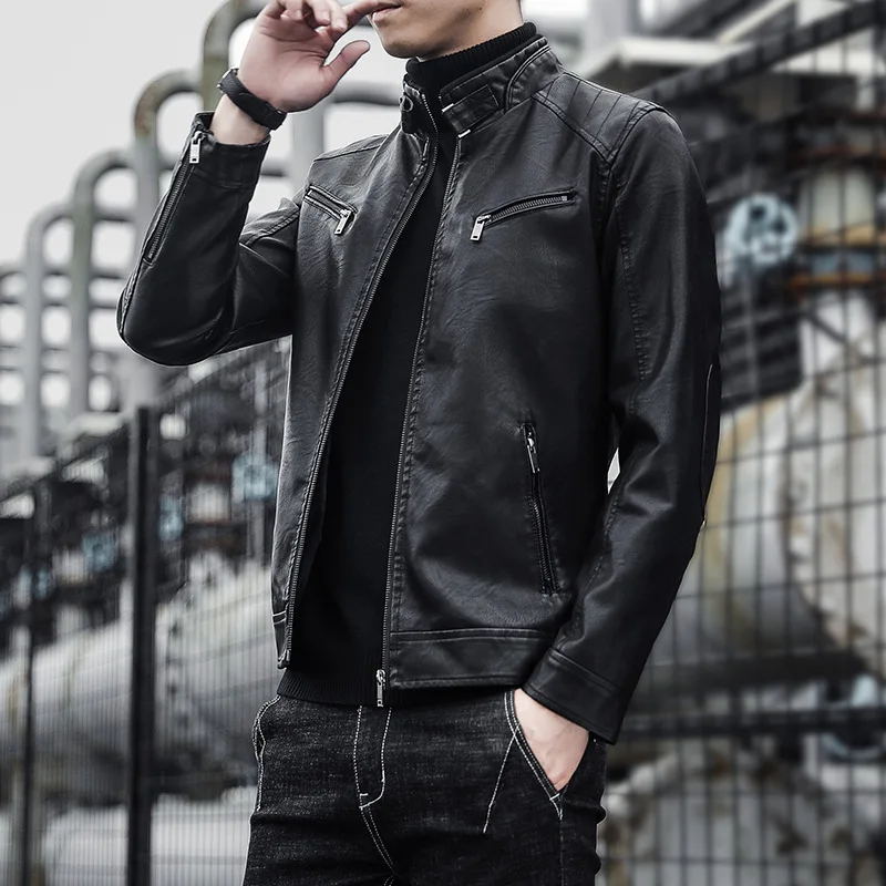 2024 Men's PU Leather Coat Korean Handsome Youth Zipper Long Sleeve Stand Collar Pockets Solid Color Men Fashion Jacket_voghion.com