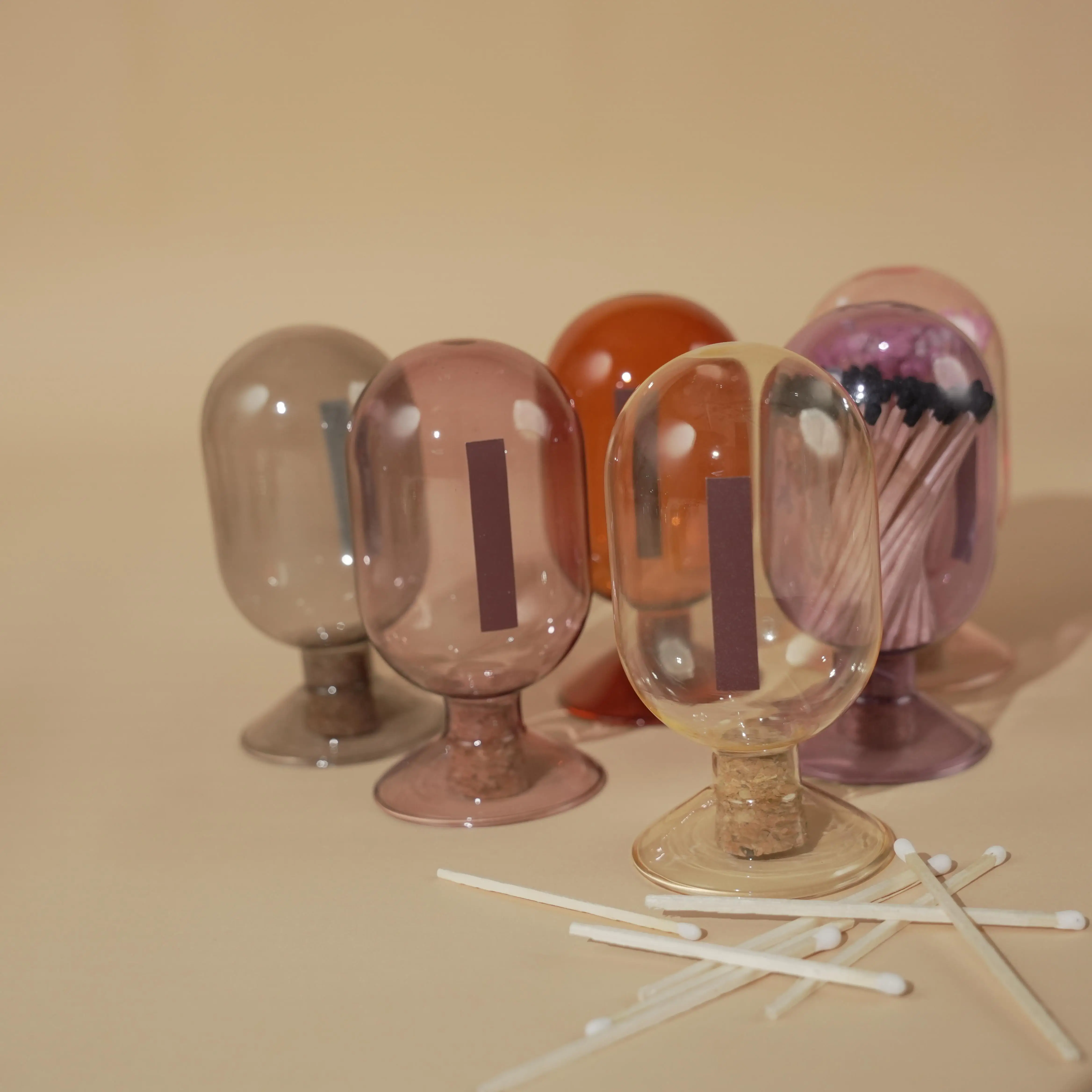 Custom Size & Color Ribbed Glass and Wooden Matches Decorative Match Cloche With Striker Decorative Matches in a Jar