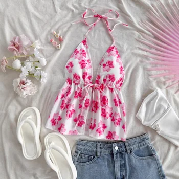 Women Spring/Summer Vacation Halter Backless Beach Outfits Floral Print White Camisole Top With Tie Straps