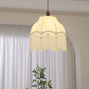 JACKSUN French Style Bedroom Living Room Dining Decor Fabric LED Pendant Light with Warm White Beige Finish Easy Installation