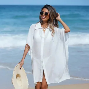 New Women's Clothing Solid Color POLO Collar Shirt Dress Thin Chiffon Blouse Loose Short Sleeve Beach Cover-up