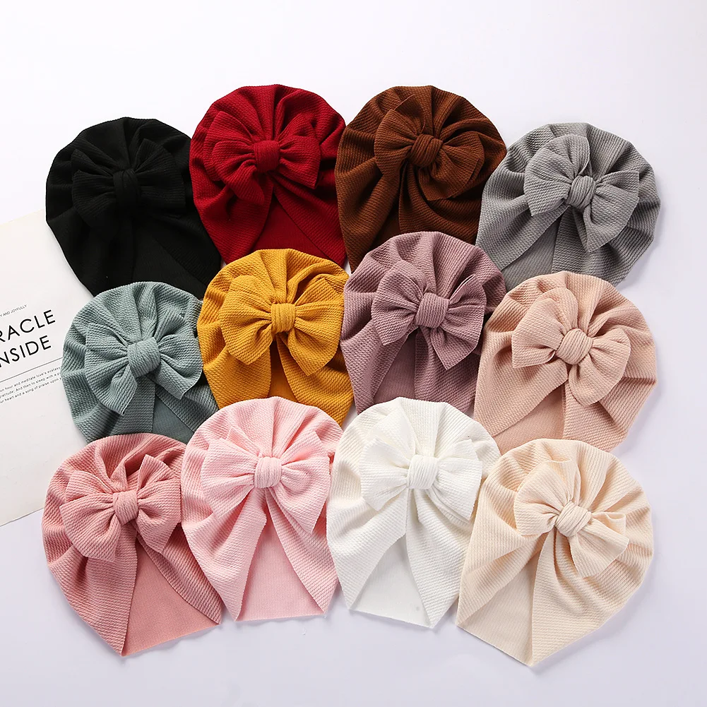 Pure Color Children Spring and Autumn Indian Pullover Bowknot Hat Turban African Headwrap for Girls and Boys