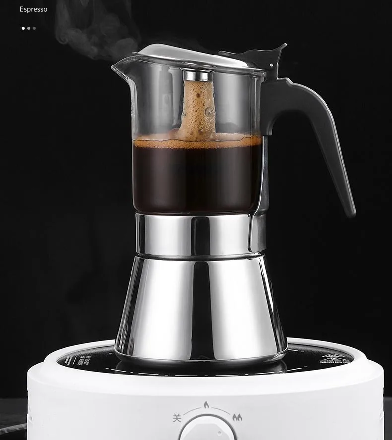 Premium Crystal Glasstop Stovetop Espresso Moka Pot Glass Stainless