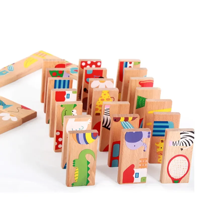 Customs Wooden Cartoon Animal Printed Set 28Pcs Blocks Domino Kids Children Baby Toys for Education Brain Intelligence
