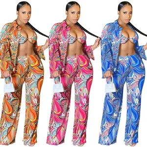 Summer Fashion Sheer Mesh Outfits for Women Long Sleeve Shirt Wide Leg Pants with Bra Top for Office Lady Holiday Casual Style