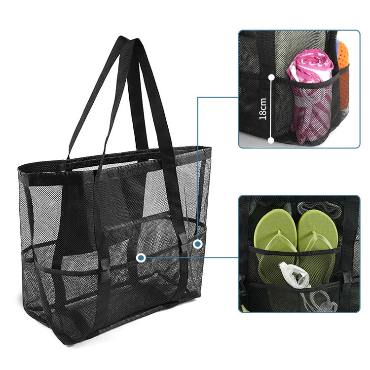 Multiple Lightweight Pockets High Quality Foldable Black Mesh Beach Bag Summer Swimming Beach Tote Bag for Vacation