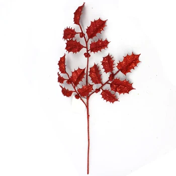 Manufacturer Home Decor Wholesale Red Color Glitter Artificial Leaves Picks Artificial Foliage