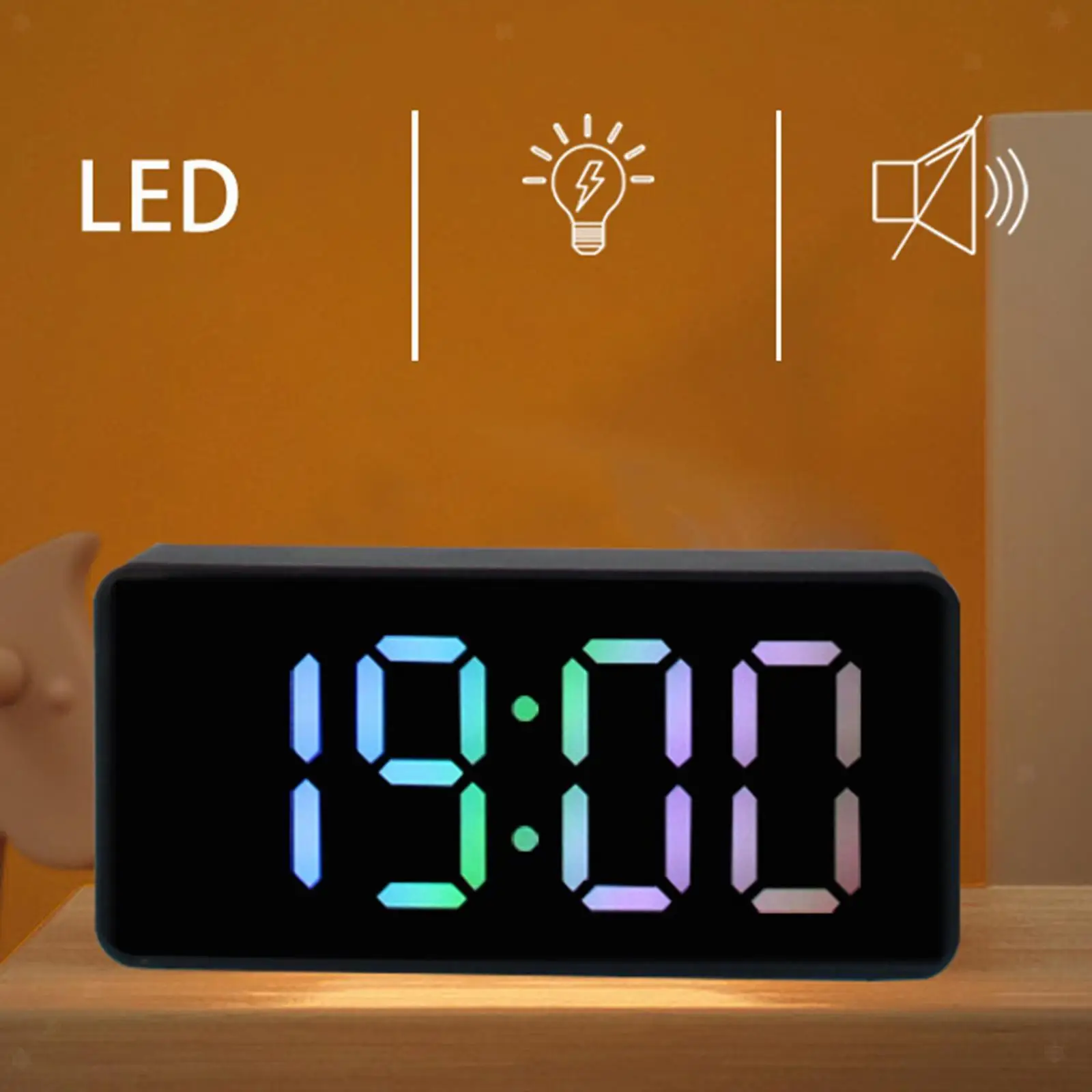 Rainbow Colored Large Number Bold Digit Adjustable Back Light Easy Operation LED Digital Alarm Clock