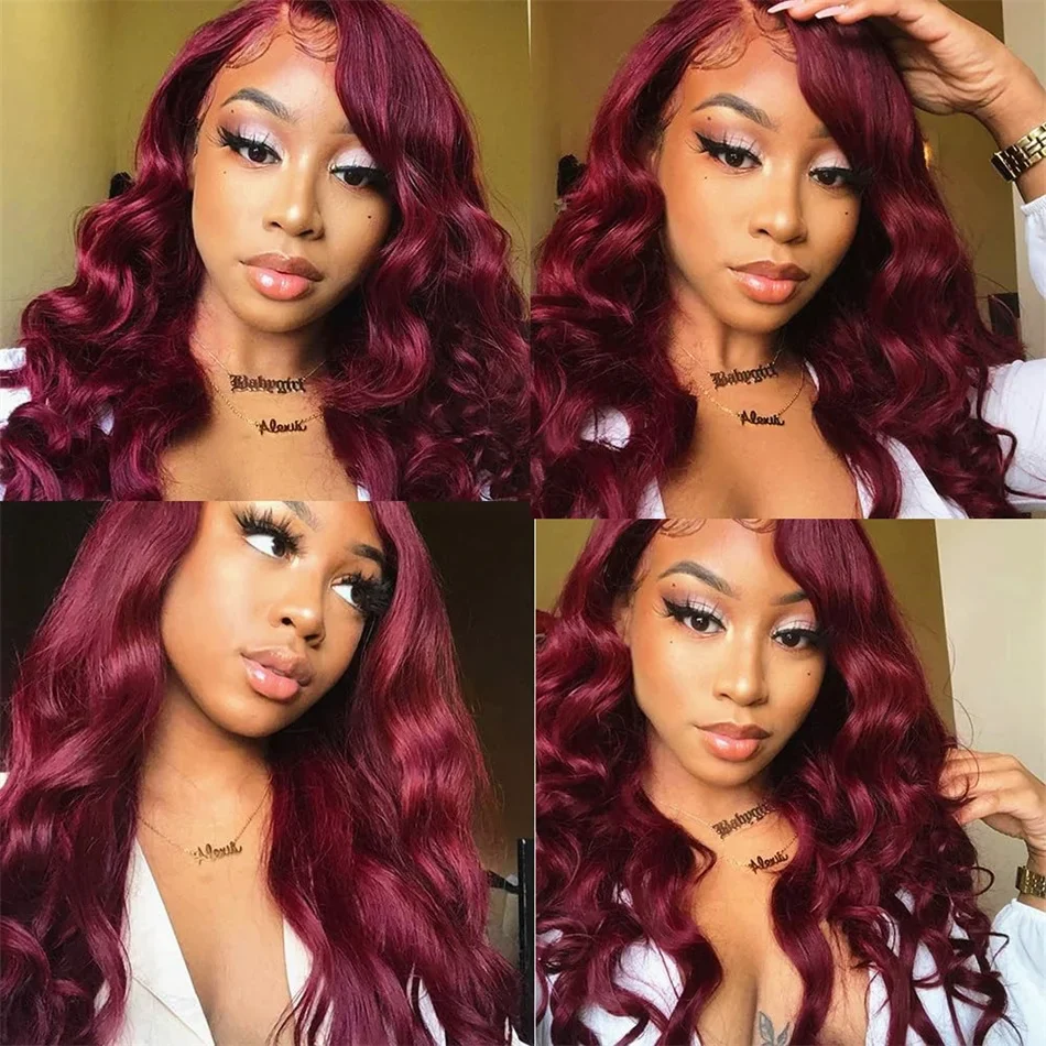 Burgunderrote Body Wave Lace Front Perücken Echthaar 13x4 HD Lace Weinrote Perücke 24 Zoll 180% Dichte 99j kleberlose Perücken_voghion.com