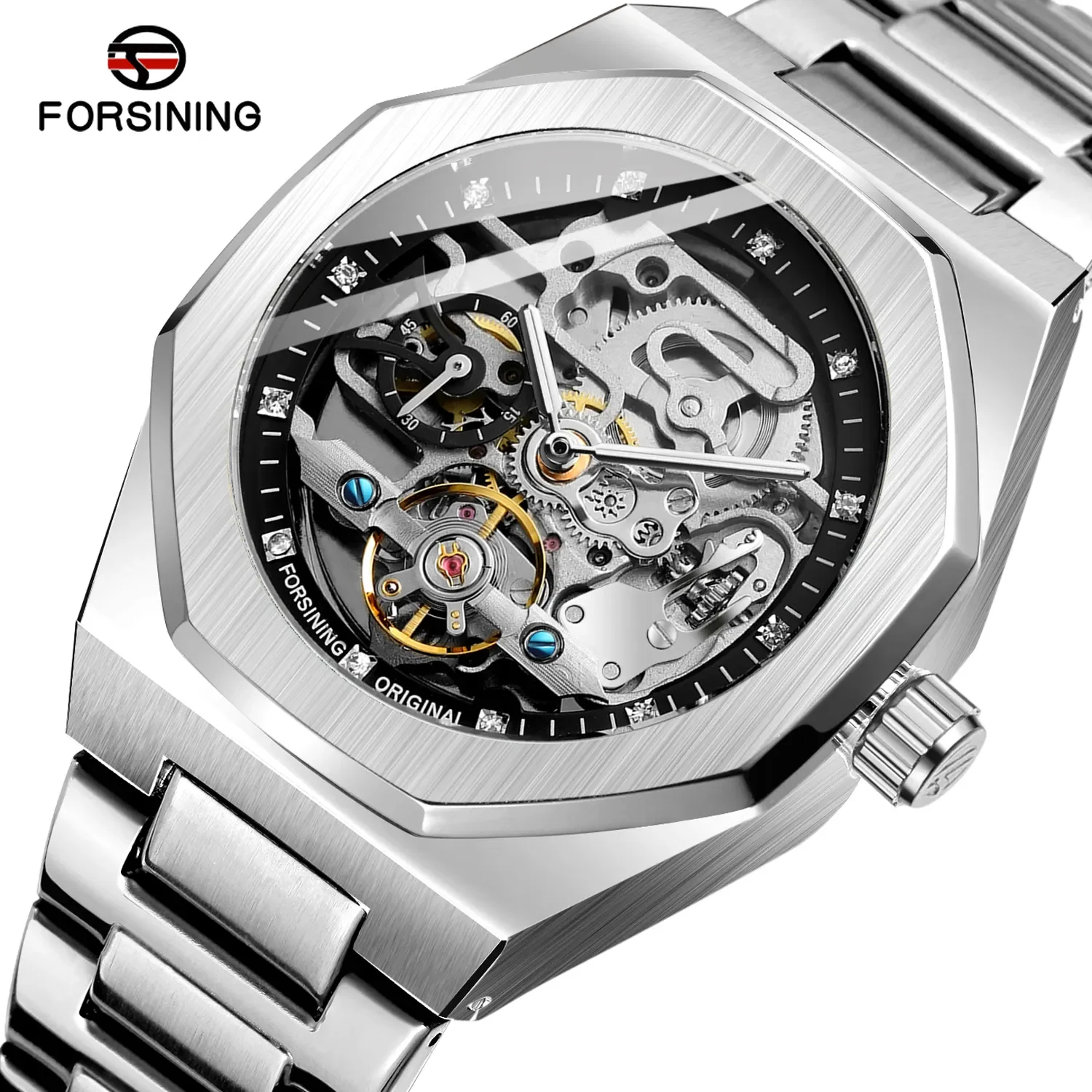 China Supplier Stainless Steel Band Luxury Skeleton Mechanical Watch Custom Logo Automatic Watch for Men