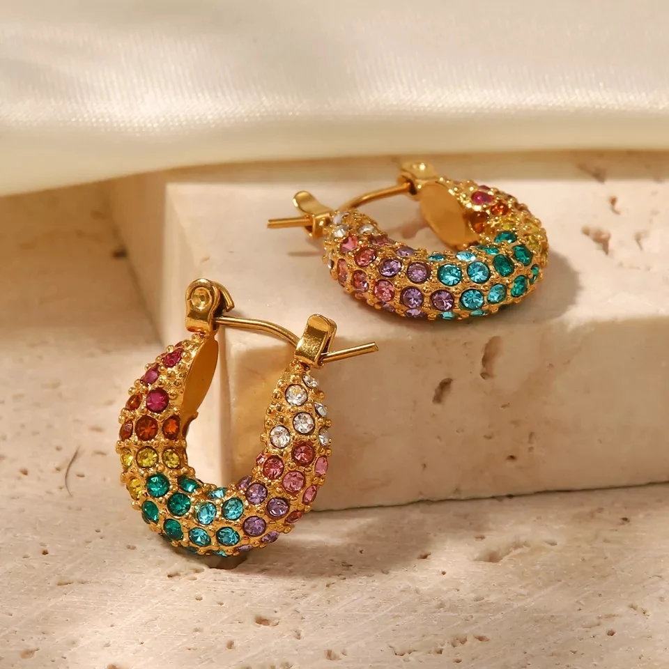 Wholesale 18k Gold Plated Trendy Statement Large Bling Colorful CZ Diamond Huggie Hoop Earrings Stainless Steel Gift for Girls