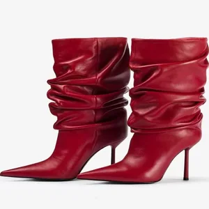 BUSY GIRL MY9122 Pointed Toe Sleeve Ladies Ankle Boots Pleated Stiletto Heels Large Tube Ankle Boots for Women Spring and Autumn
