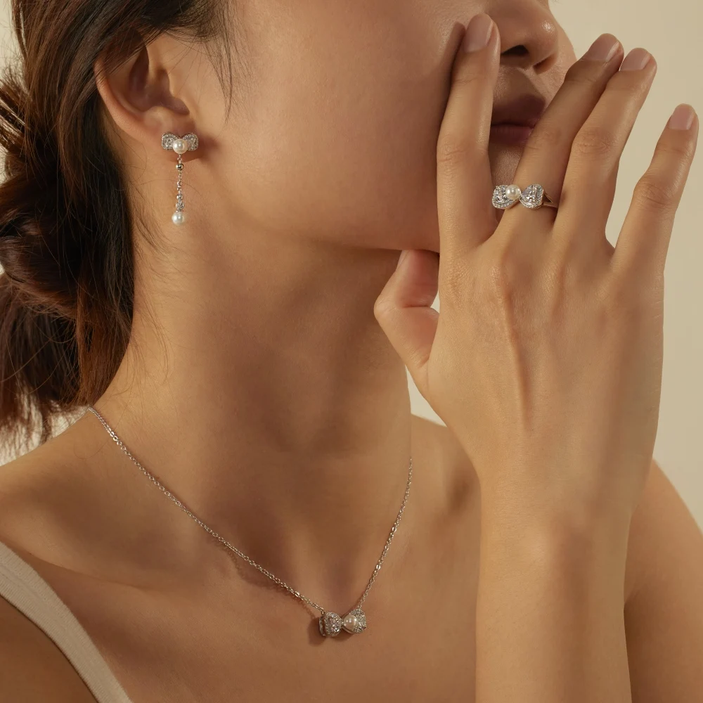 KAKODIY Elegant Boutique Jewelry 925 Sterling Silver 5A Cubic Zirconia Gemstone Shell Pearl Pendant Bow Bow Tassel Stud Earrings detail 3