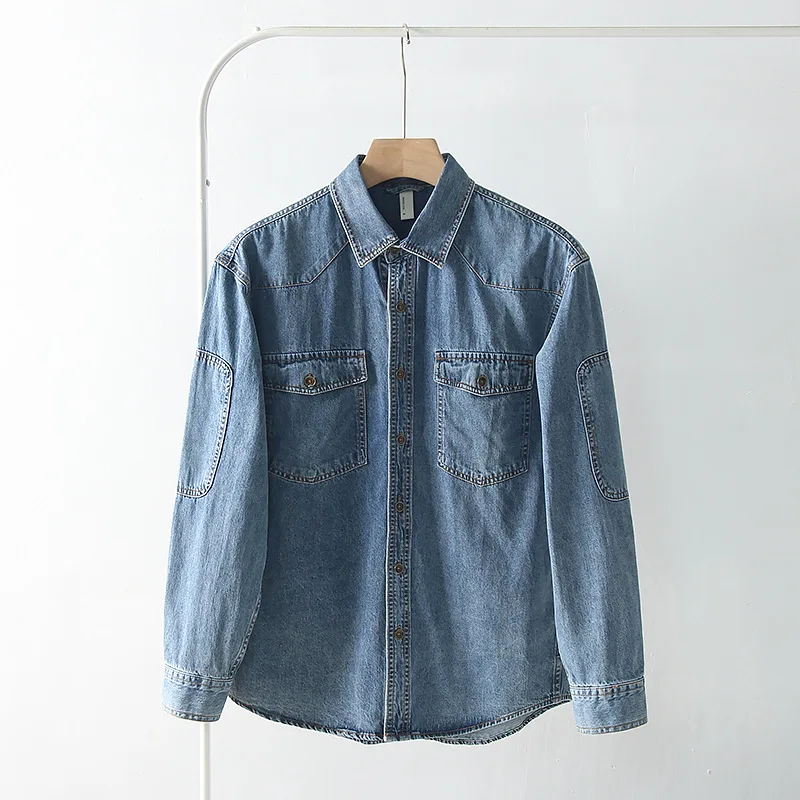 American Retro Western Cowboy Shirt Men Amekaji Long Sleeve Casual Denim Workwear Washed Tough Guy Jacket