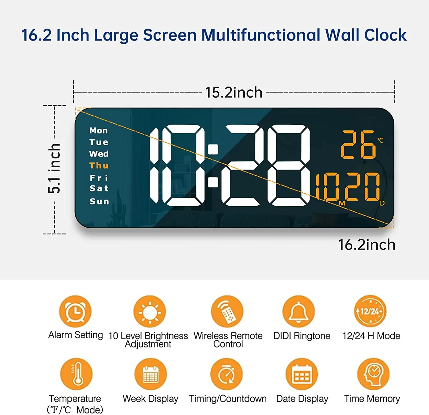 Large Screen Digital Wall Clock With Indoor Temperature Nordic Simple Living Room Wall Desk Led
