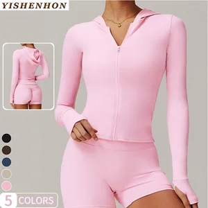 YISHENHON Custom Logo Slim Workout Top  Yoga Jackets Zipper Womens Tight Quick Dry Long Sleeve Yoga Sports Coat With a Hat