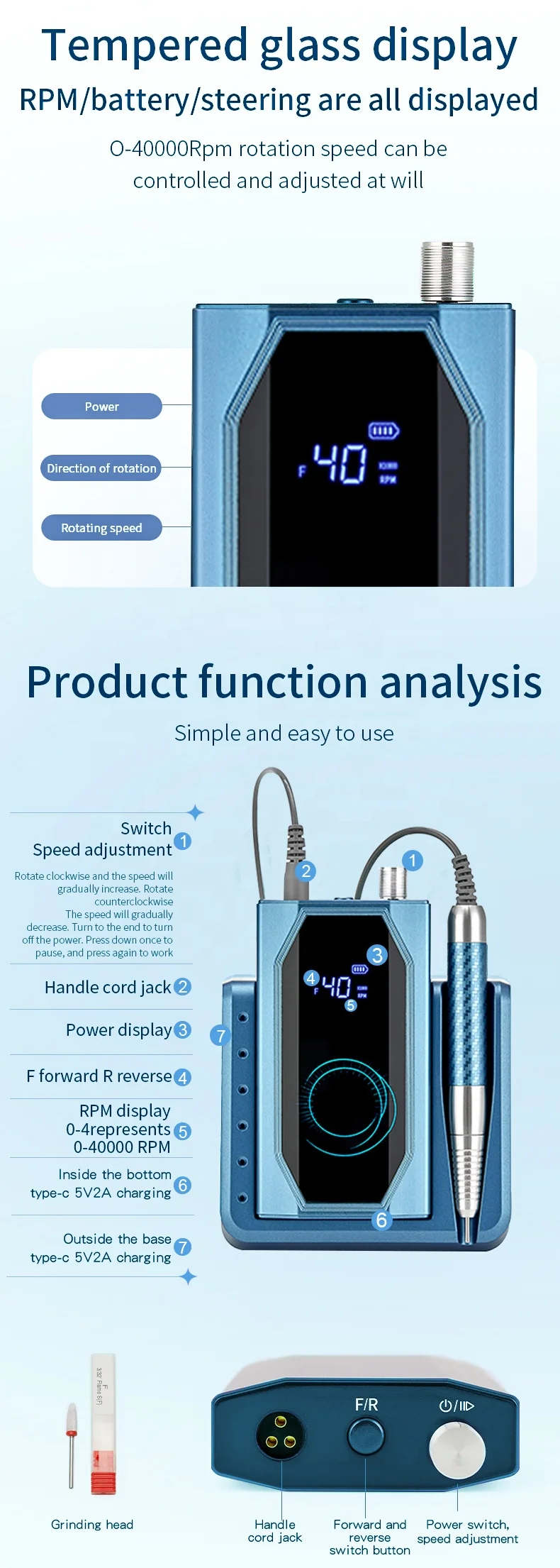 AT-NDB-181 Nail Drill Cordless Electric File Rechargeable Machine for DIY Nail Art Salon and Home manufacture