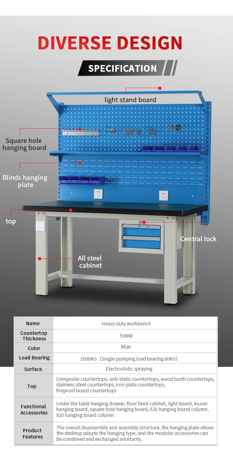 Steel frame metal workbench with drawers supplier