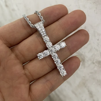 HQ GEMS 26x50mm Cross Pendant 925 Sterling Silver D VVS Moissanite Diamond Chian Necklace