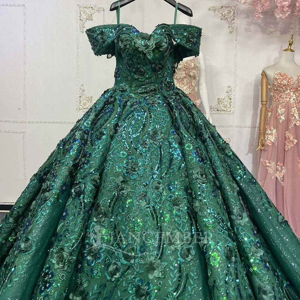 Emerland Green Crystal Quinceanera Dresses Princess Lace Appliqued Wedding  Prom Dress Vestido Xv Anos Lsany129