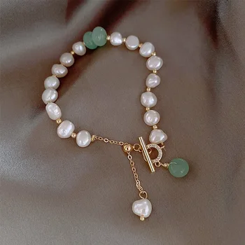 Real gold electroplating pearl jade bracelet green stone baroque vintage jewelry bracelet