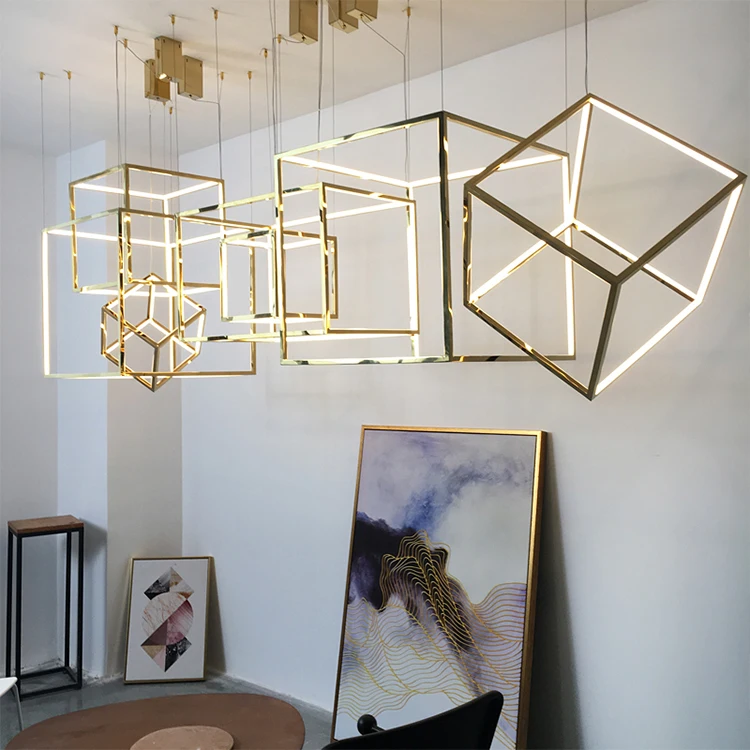 DKX6073 Modern Style Indoor Decorative Lights Titanium Gold Stainless Steel Cube Led Chandelier   