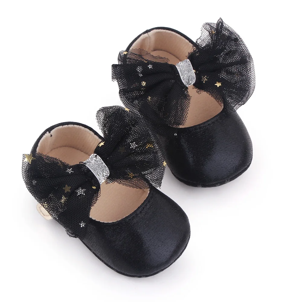 Mesh Big Bow Star Embellished Solid Color Sparkly Bright Baby Girls Princess Walking Shoes details