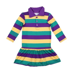 OEM Customizable Service Custom Long Sleeve Mardi Gras Girls Dress Fashion Spring Stripes Kids Clothing