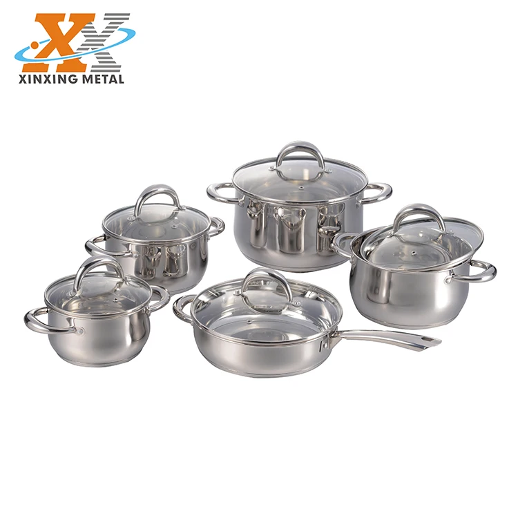 New Design 10Pcs Home Cooking Cookware Pots Stainless Steel Cookware Set With Glass Lid factory